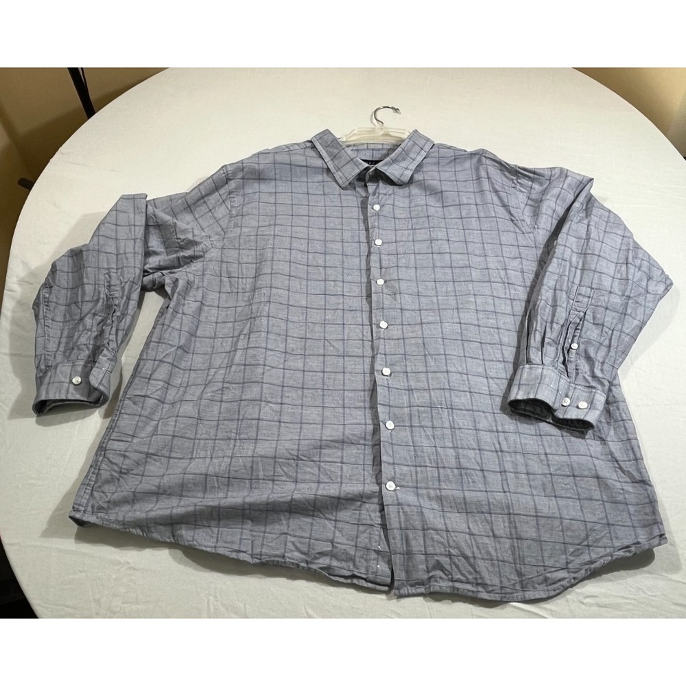 SYNRGY Mens 2XL Button Up Shirt Gray Plaid Windowpane Long Sleeve Big & Tall